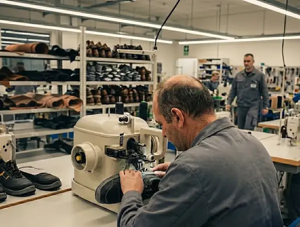 Fábrica de calzado táctico Alfa: operario cosiendo un borcego de seguridad profesional con máquina industrial.